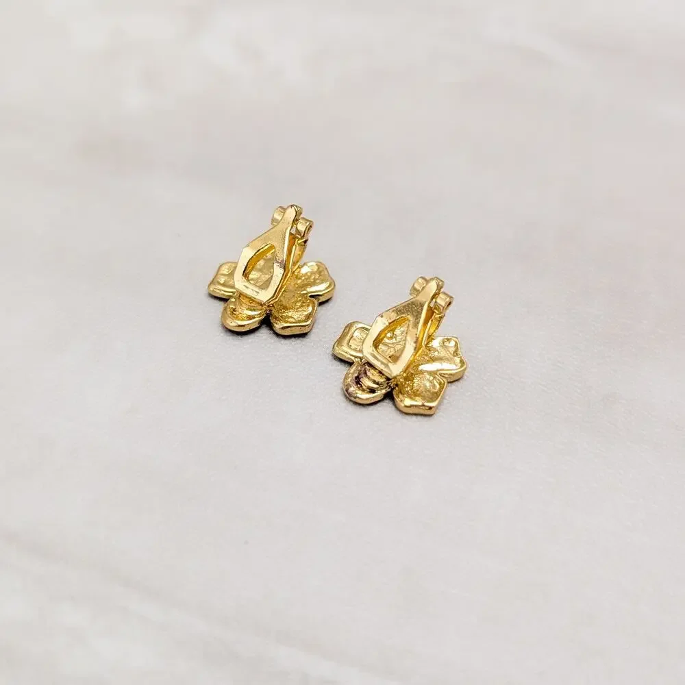 Black Enamel Small Flower Small with Clear Gem Accents Clip On Earrings